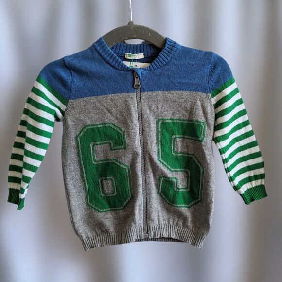 Baby Benneton Blue & Green Striped Sleeve Letterman Sweater Zip Up Size 6mo - Picture 1 of 4